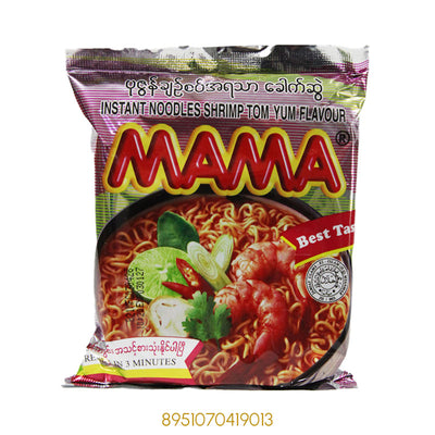 MAMA instant noodles package with shrimp tom yum flavor on a white background